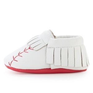 Bird Rock Baby Infant Home Run Moccasins Leather White Red‎ Size 6.5